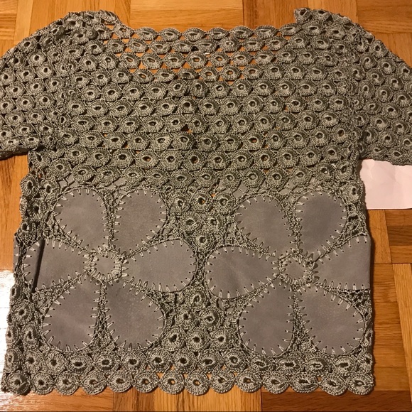Francesca Tops - “Crochet” rayon/leather flower short sleeve top - M
